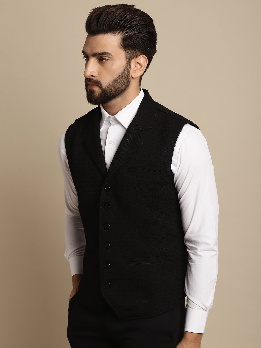Even Apparels Men's Black Waistcoat with Notched Lapel - Grab2buy