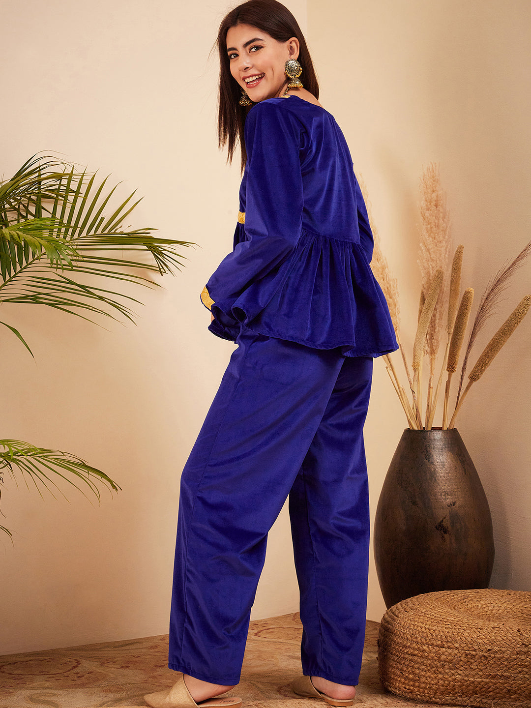 InWeave Women's Royal Blue Mughal Shaan Style Velvet Short Kurta Set 