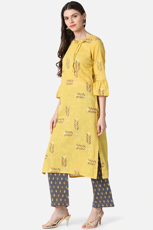 Ahika Yellow Cotton Ethnic Motifs Kurta Set