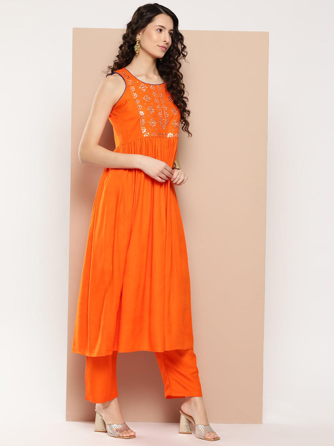 InWeave Women's Orange Mirror Work Aline Strappy Kurta Set W Pink Yellow Leh Dupatta 