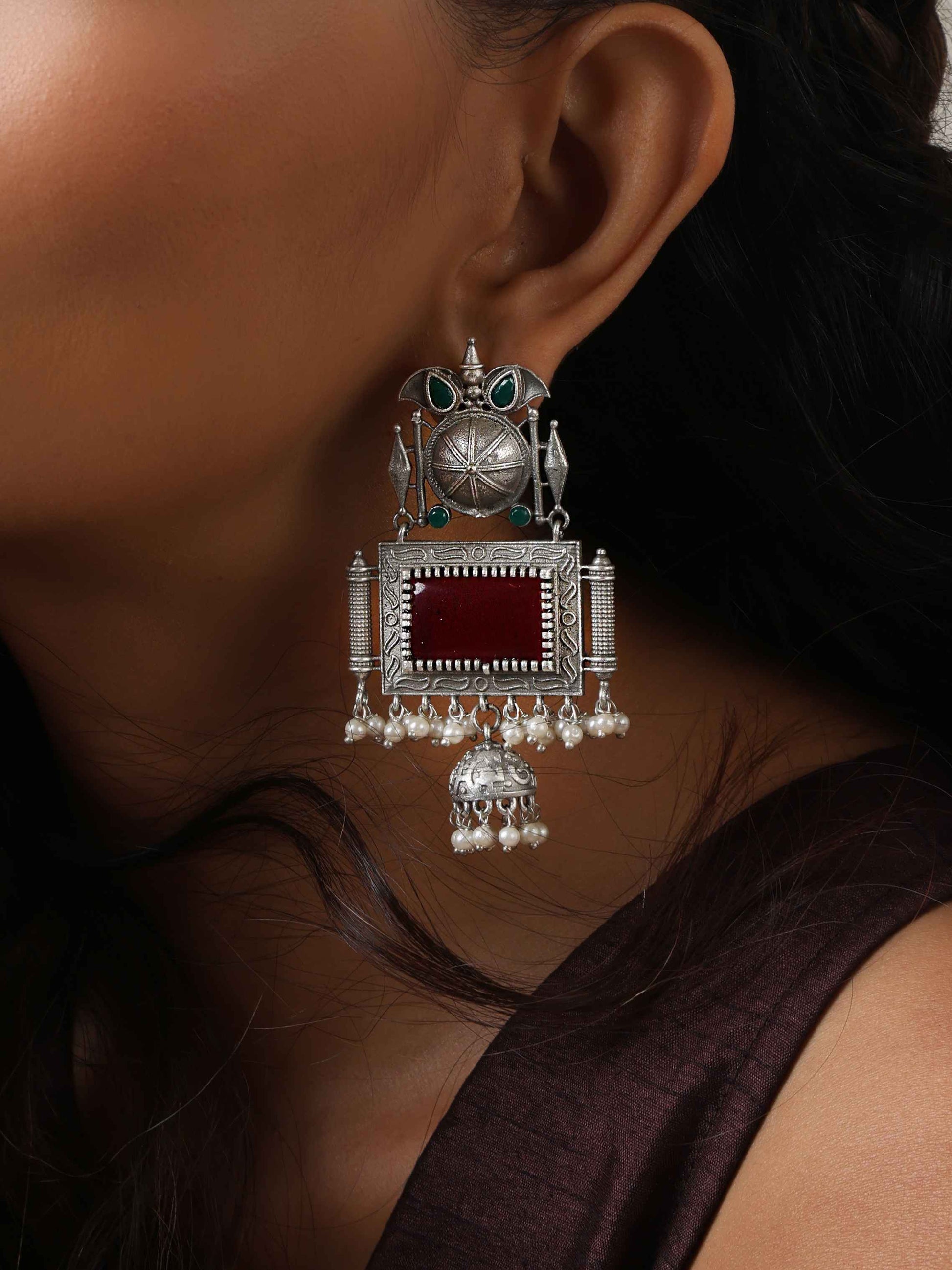 trueBrowns Silver Tone Red Stone Dangle Earrings Truebrowns Lifestyle