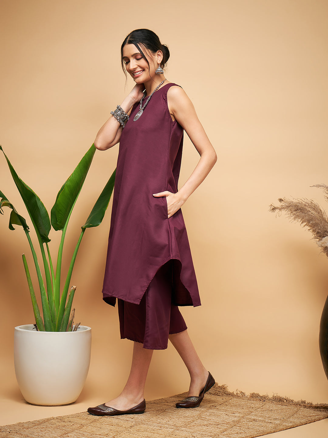 InWeave Women's Wine Solid Short Kurta Palazzo Set 