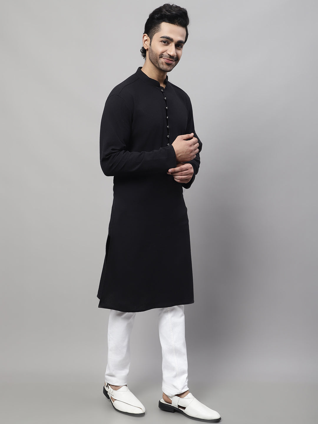 Even Apparels Black Pure Cotton Kurta With Band Collar 
