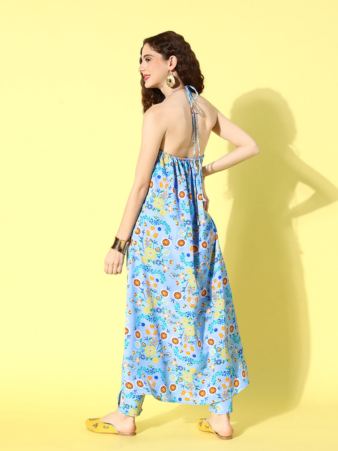 InWeave Women's Sky Blue Print Backless Long Kurta Pant Set 