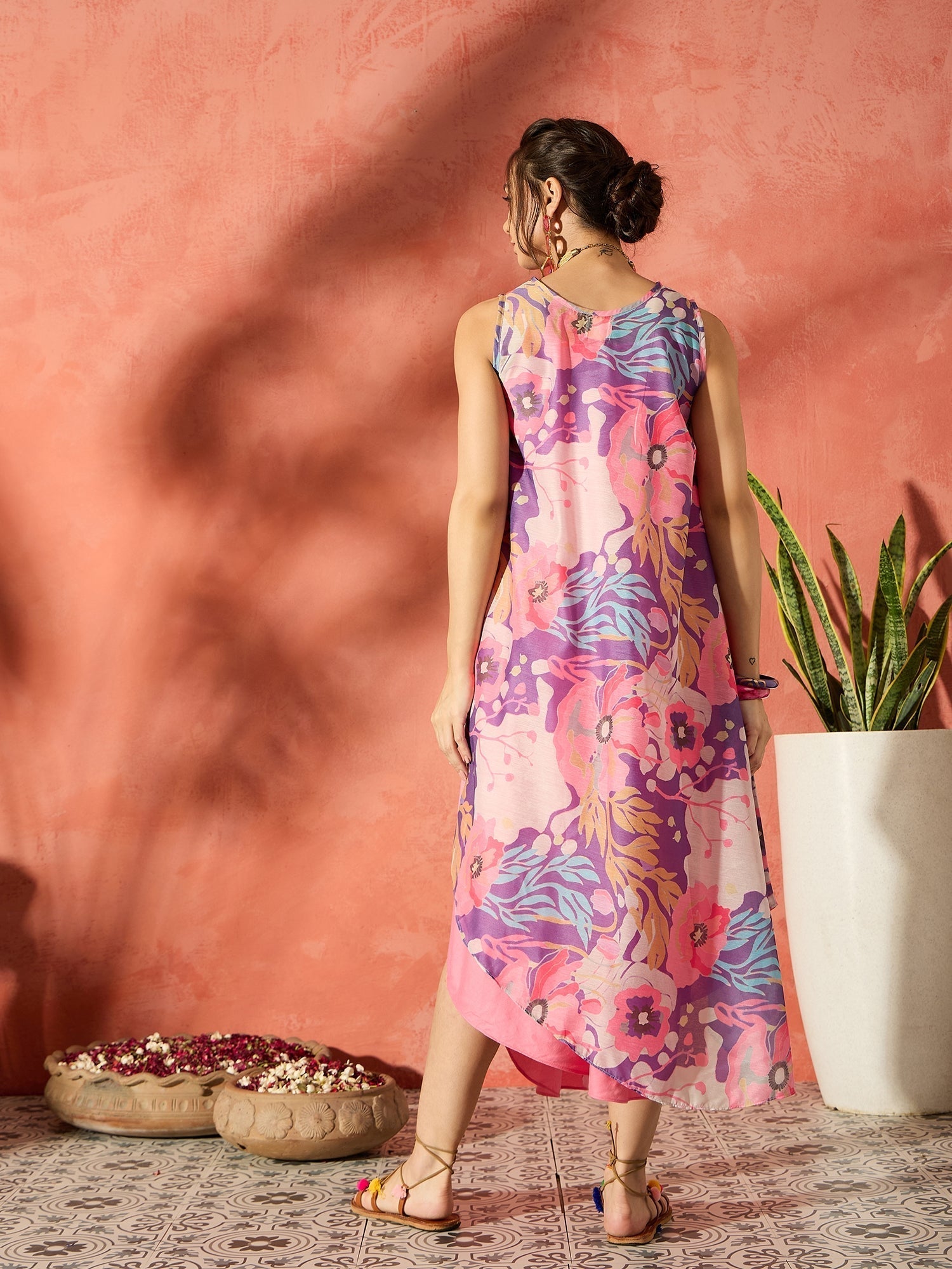 InWeave Purple Floral Peach Asymmetrical Dress 