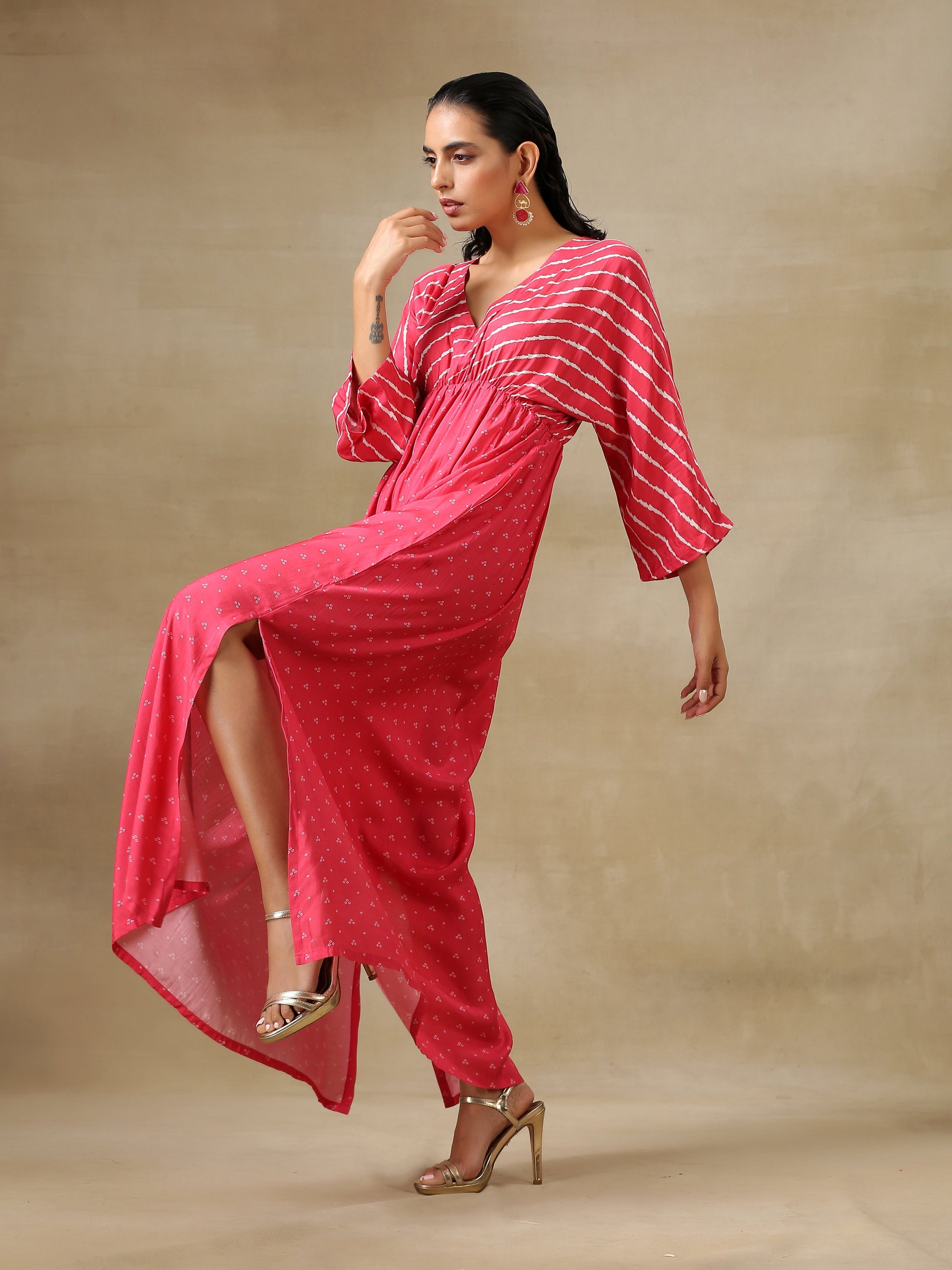 trueBrowns Pink Bandhani Printed Silk Drop Shoulder Dress 