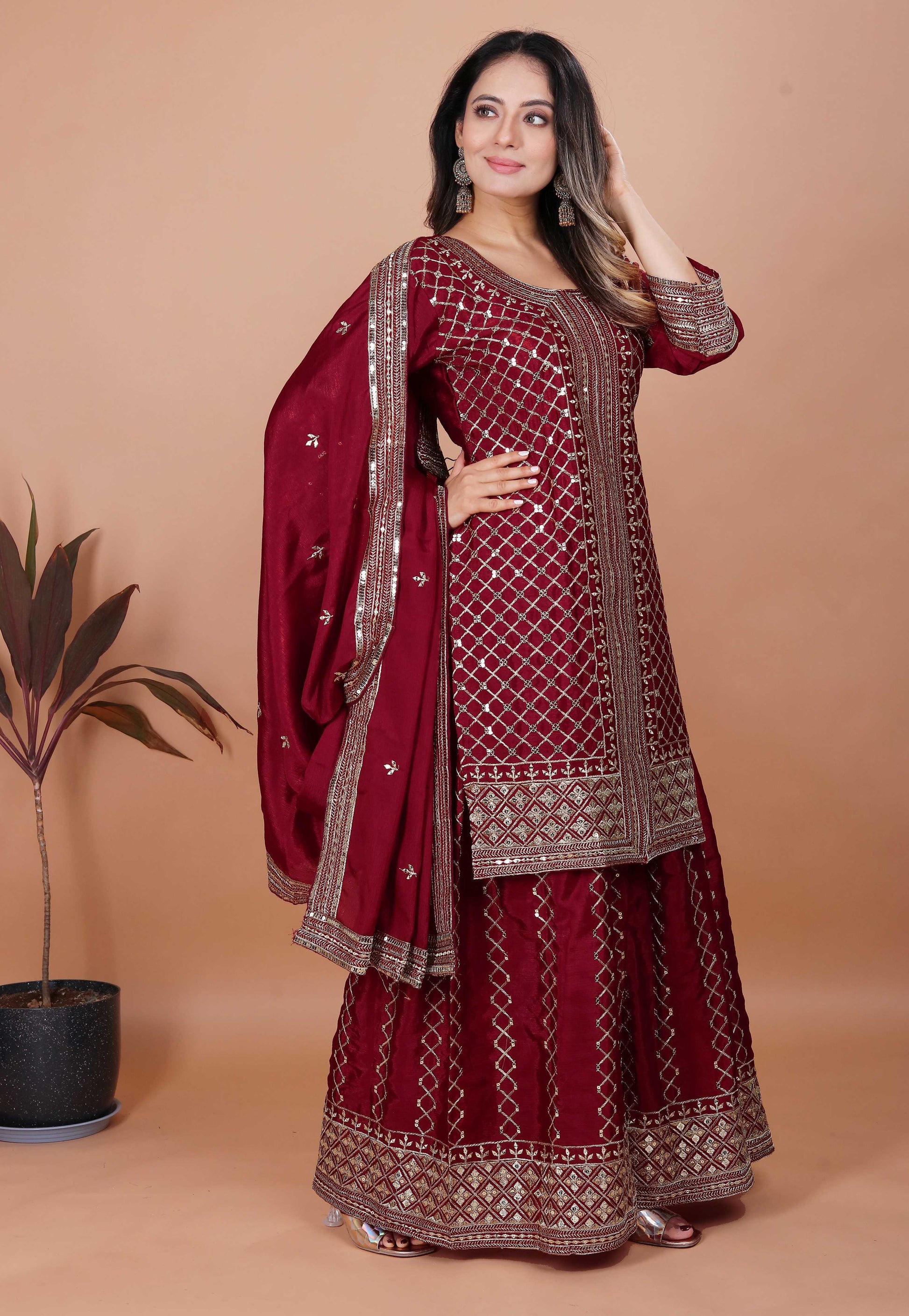 Yash Enterprise Maroon Chinon Silk Party Wear Embroidery Suit Set  Grab2Buy Yash Enterprise Grab2Buy