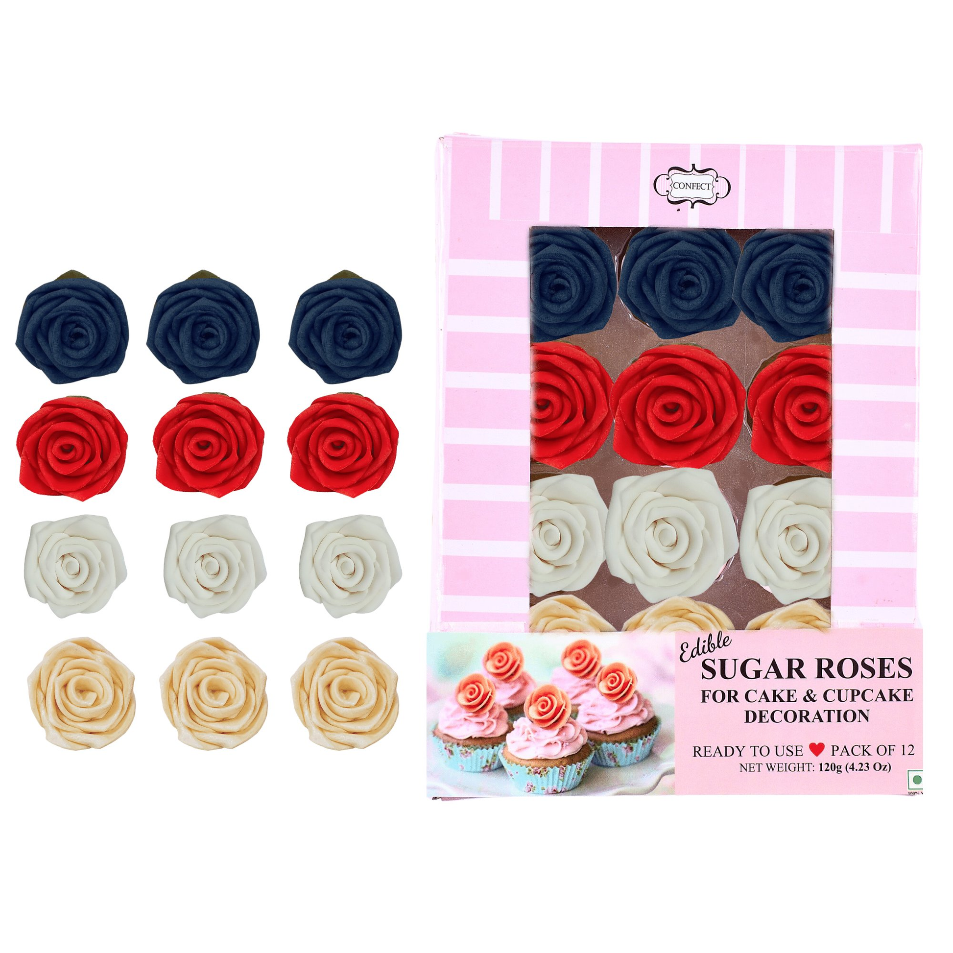 Confect Edible Sugar Roses Cake Toppers - Pack of 12 (02)