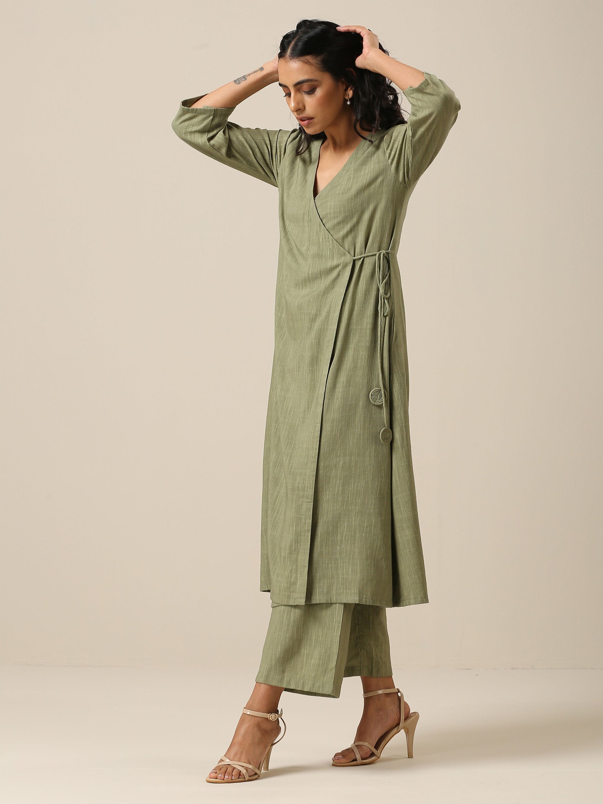 trueBrowns Sage Slub Texture Angrakha Pant Set 