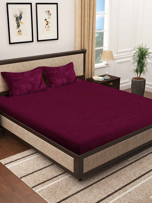 KLOTTHE Maroon 300 TC Woolen Fitted Double King Bedsheet With 2 Pillow Covers 