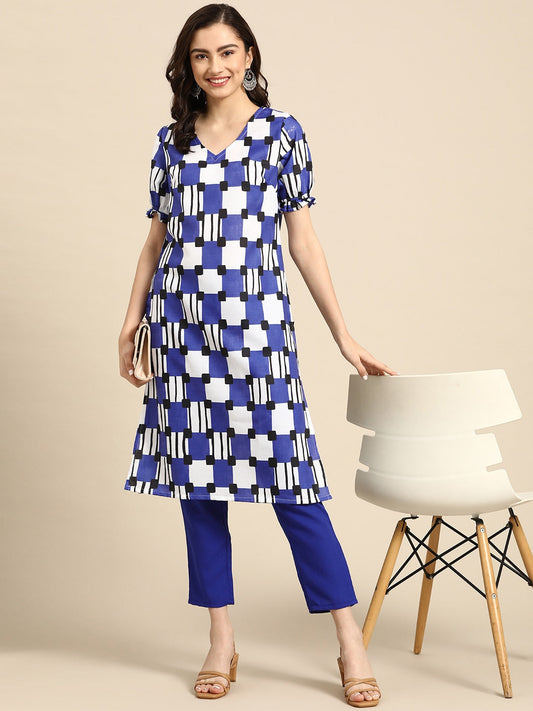 Sangria Women Navy Blue & White Printed A-Line Kurta with Trousers - Grab2buy
