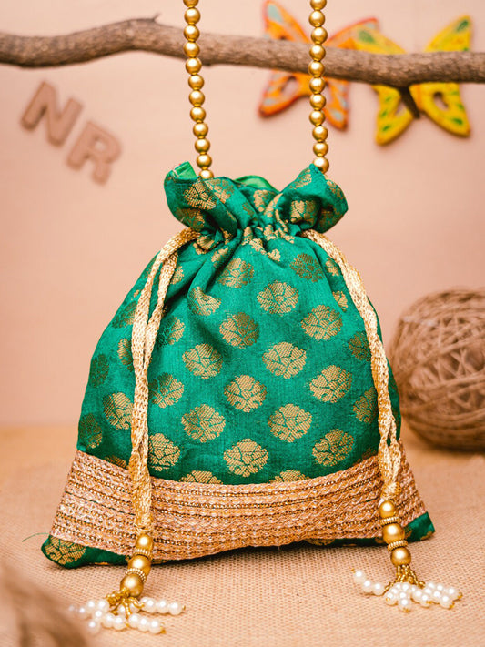 NR By Nidhi Rathi Green & Gold-Toned Banarasi Printed Potli Clutch - Grab2buy