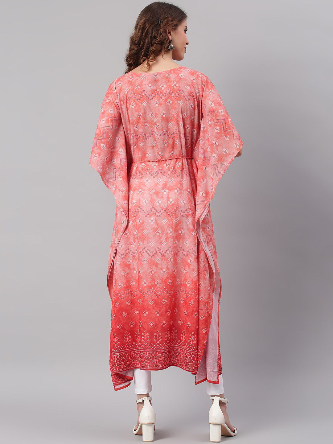 Janasya Women Peach-Coloured Ethnic Motifs Dyed Thread Work Georgette Kaftan Kurta