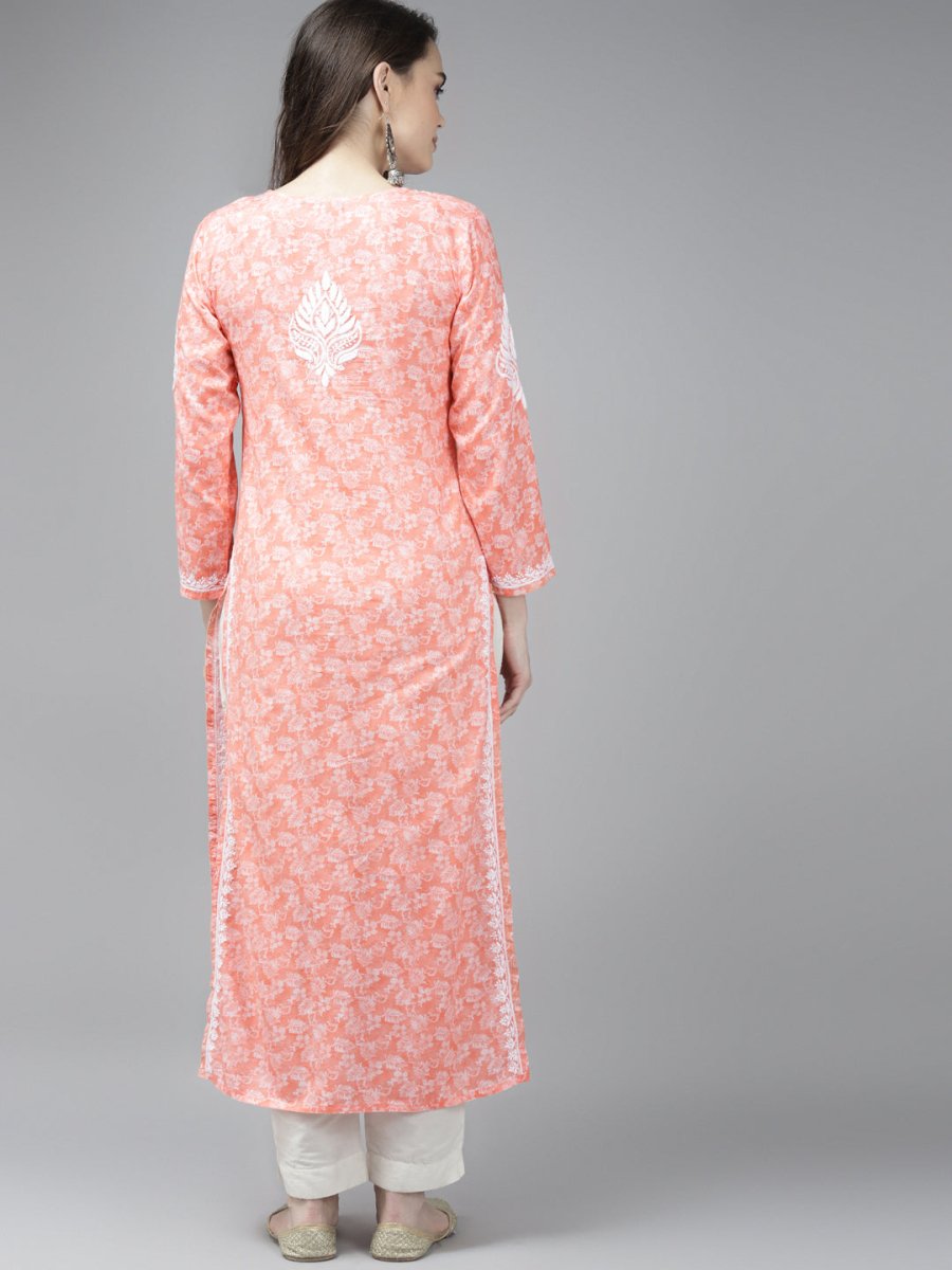 ADA Women Peach-Coloured & White Ethnic Motifs Chikankari Cotton Handloom Kurta 