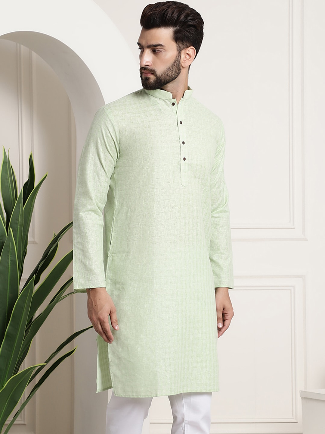 Sojanya Men Green Dobby Checked Straight Kurta 