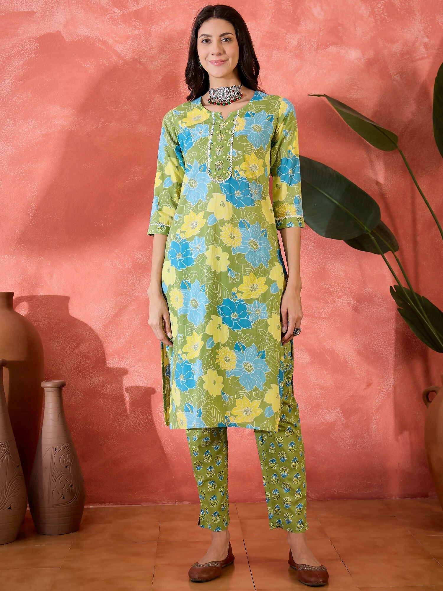 Joban Fashion Printed Green Pure Cotton Kurta Set