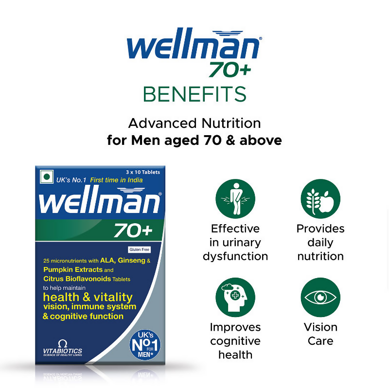 Wellman 70+ UK's No.1 Multivitamin Tablets) For Men Above 70 (Pumpkin Seed Bioflavonoids, Ginseng & More 