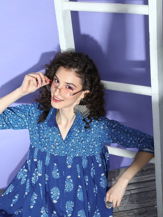 Ahalyaa Blue Pure Cotton Tunic & Palazzos Ethnic Co-Ords 