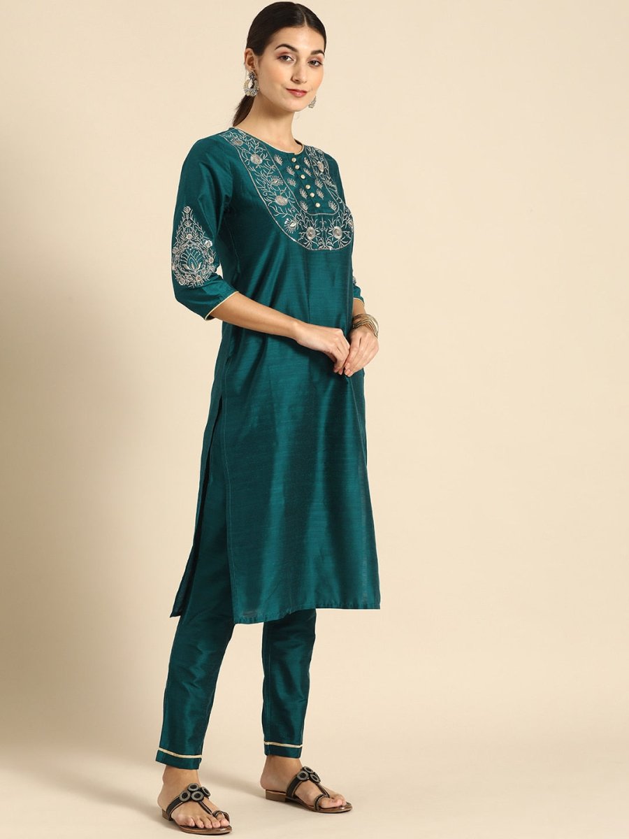 All About You Women Green & Gold-Toned Embroidered Sequinned Kurta with Trousers & Dupatta