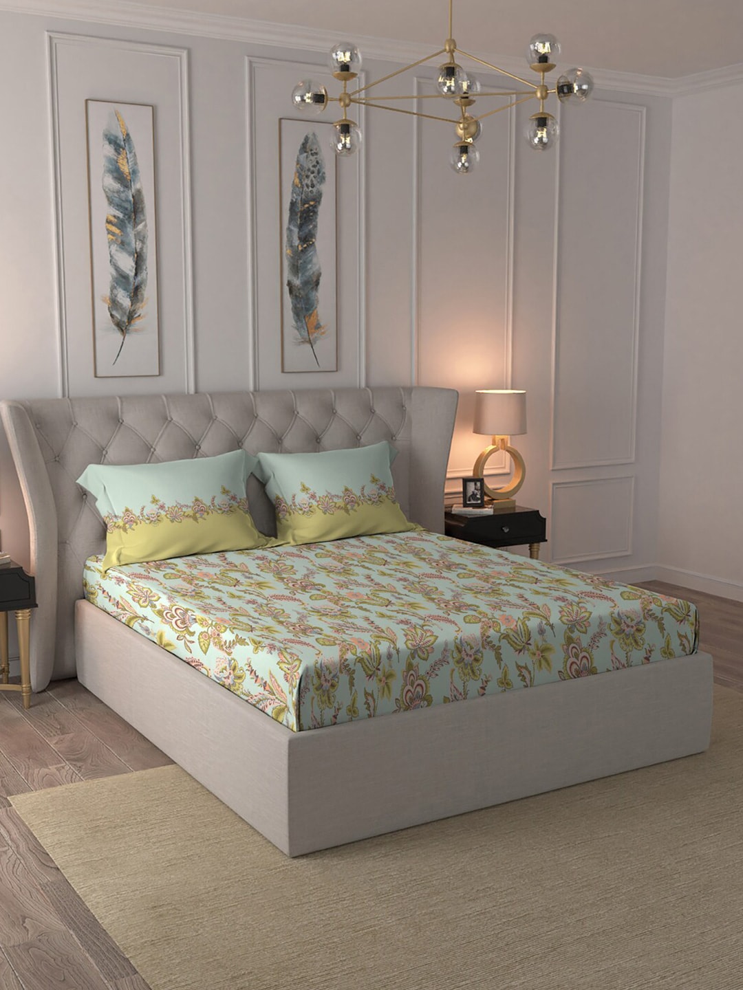 MYTRIDENT Blue White Floral Pure Cotton 144 TC Queen Bedsheet With 2 Pillow Covers 
