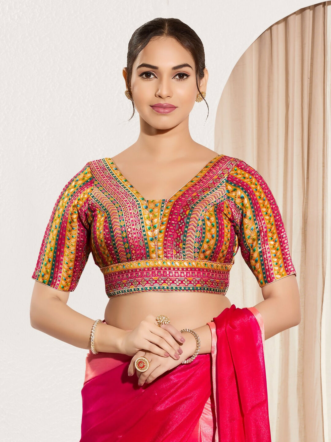 Joban Fashion Pink Multi Brocade Padded Blouse With V Neck Elbow Sleeves