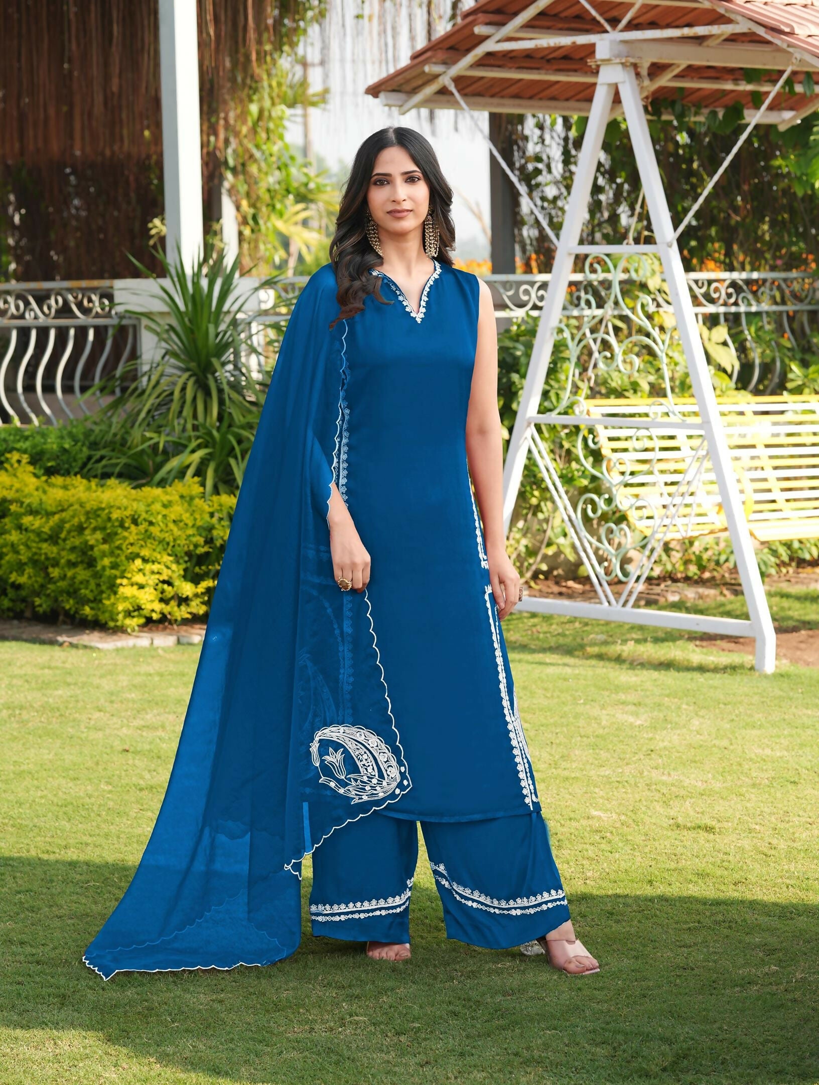 Nikhaar Royal Blue Embroidered Modal Silk Stitched Straight Cut Kurta Culottes Dupatta Readymade Suit