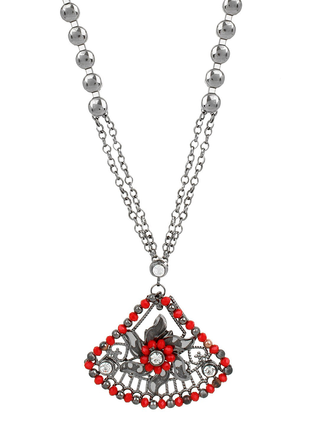 Cardinal Women Oxidised Silver-Plated Red Stone Studded & Beaded Jewellery Set - Grab2buy