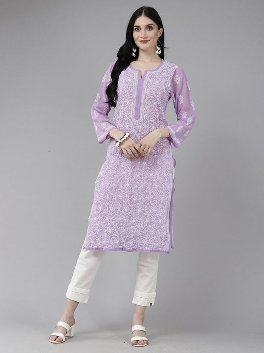 ADA Women Purple & White Ethnic Motifs Embroidered Chikankari Georgette Kurta 