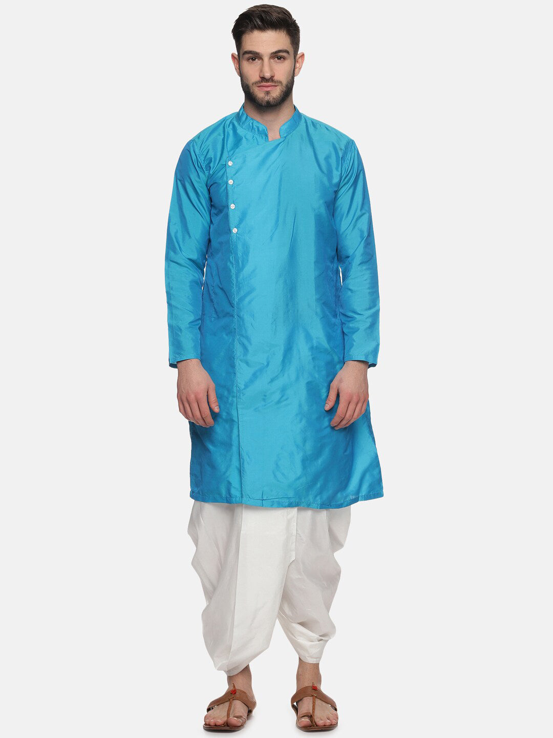 Sethukrishna Men Turquoise Blue Angrakha Kurta with Dhoti Pants