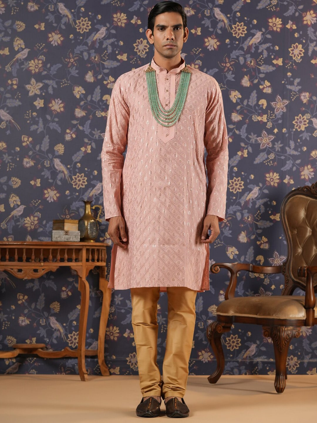 House of Pataudi Ethnic Motifs Embroidered Mandarin Collar Straight Kurta With Churidar