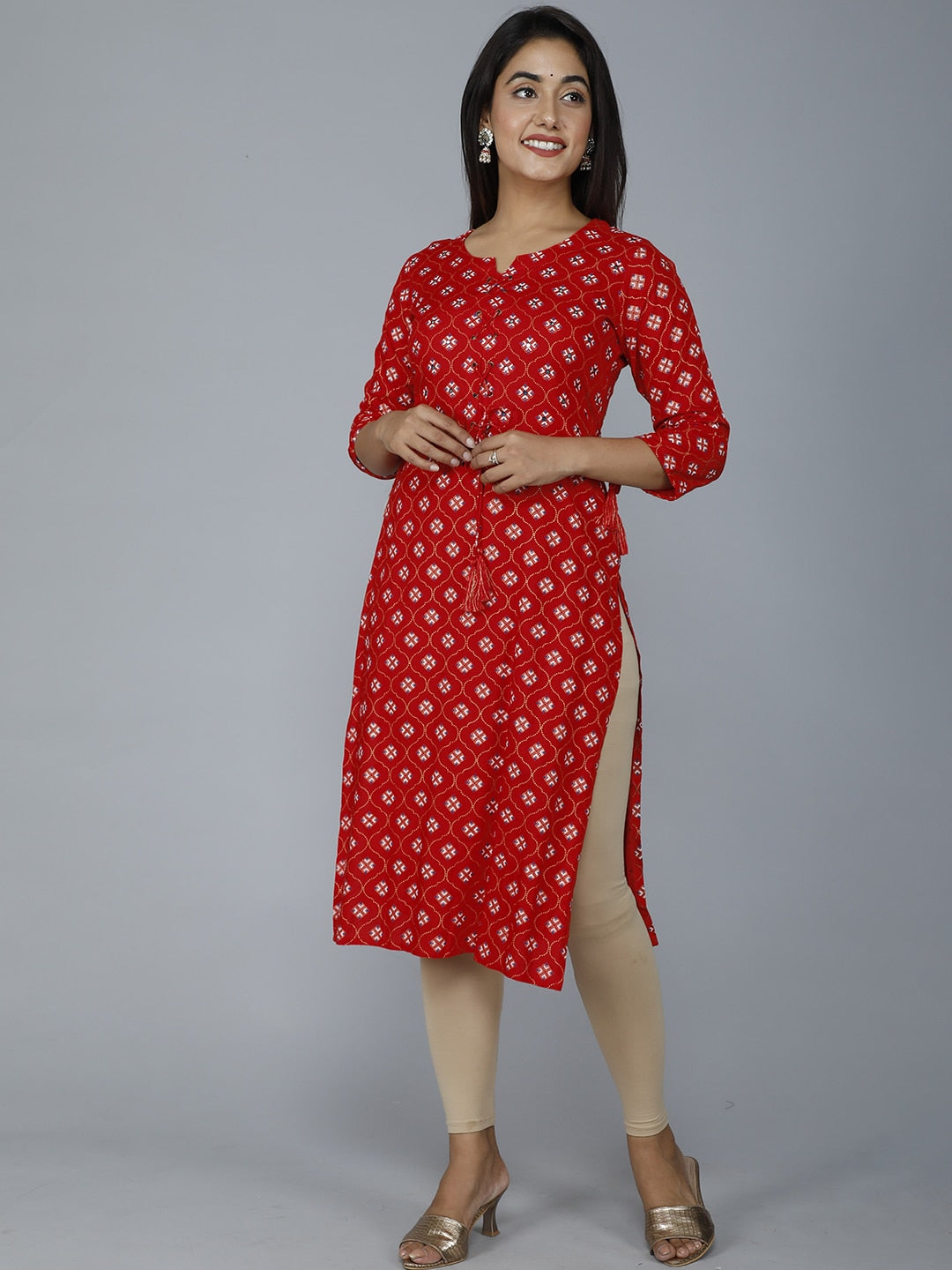 HERE&NOW Women Red Ethnic Motifs Printed Mirror Work Kurta