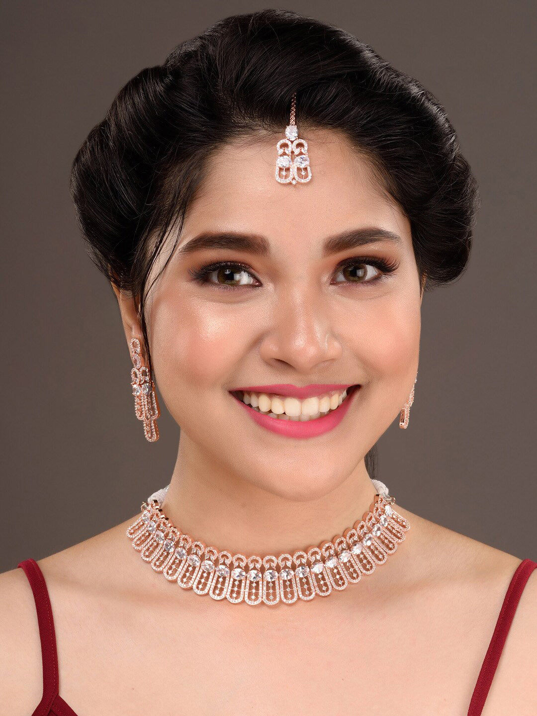 Saraf RS Jewellery Rose Gold-Plated White AD Studded Jewellery Set With Maang Tika - Grab2buy
