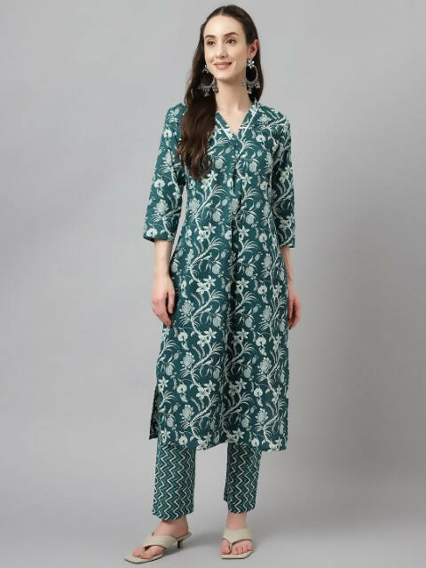 FIORRA Women's Teal Green Cotton A-Line Kurta Set 
