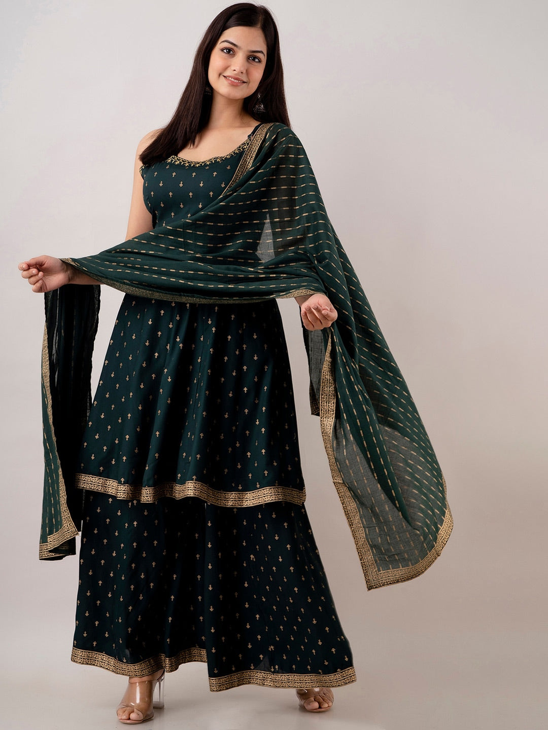Kalini Women Floral Embroidered Kurta With Sharara & Dupatta 