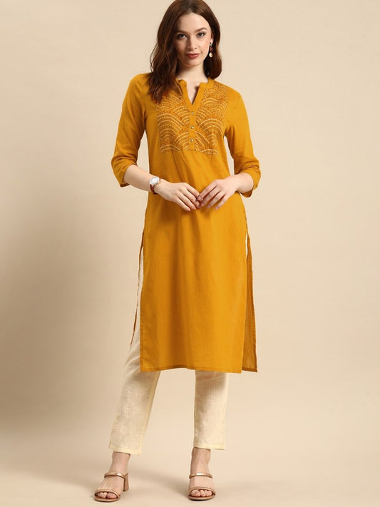 All About You Women Yellow Bandhani Yoke Design Pure Cotton Kurta