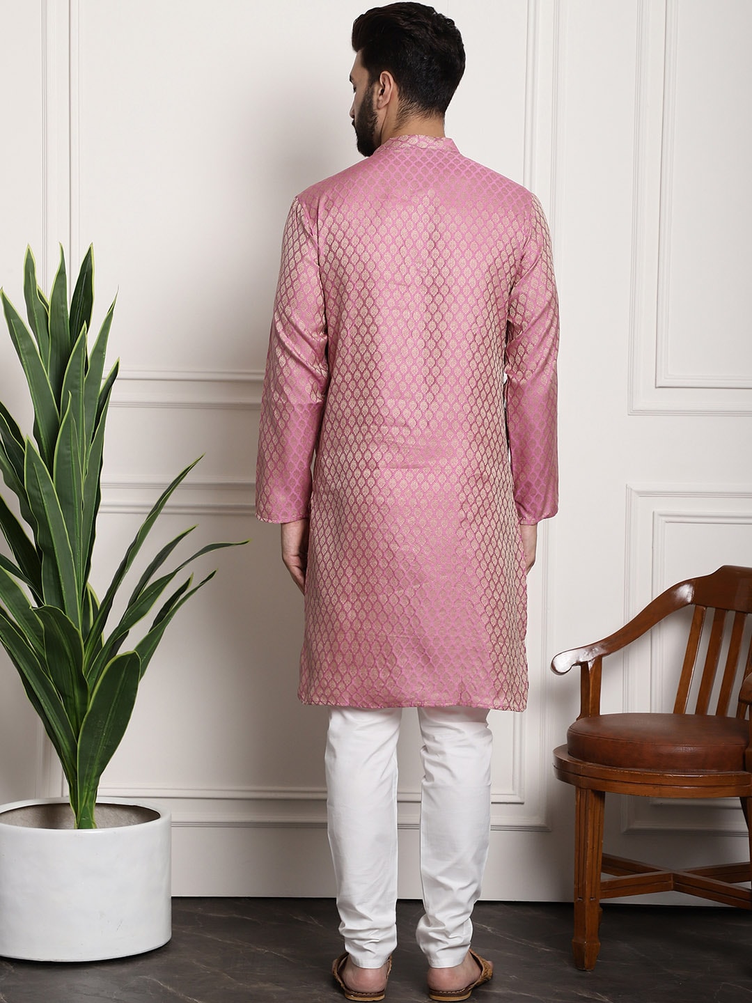 Sojanya Men Pink & Off-White Woven Design Kurta with Churidar 