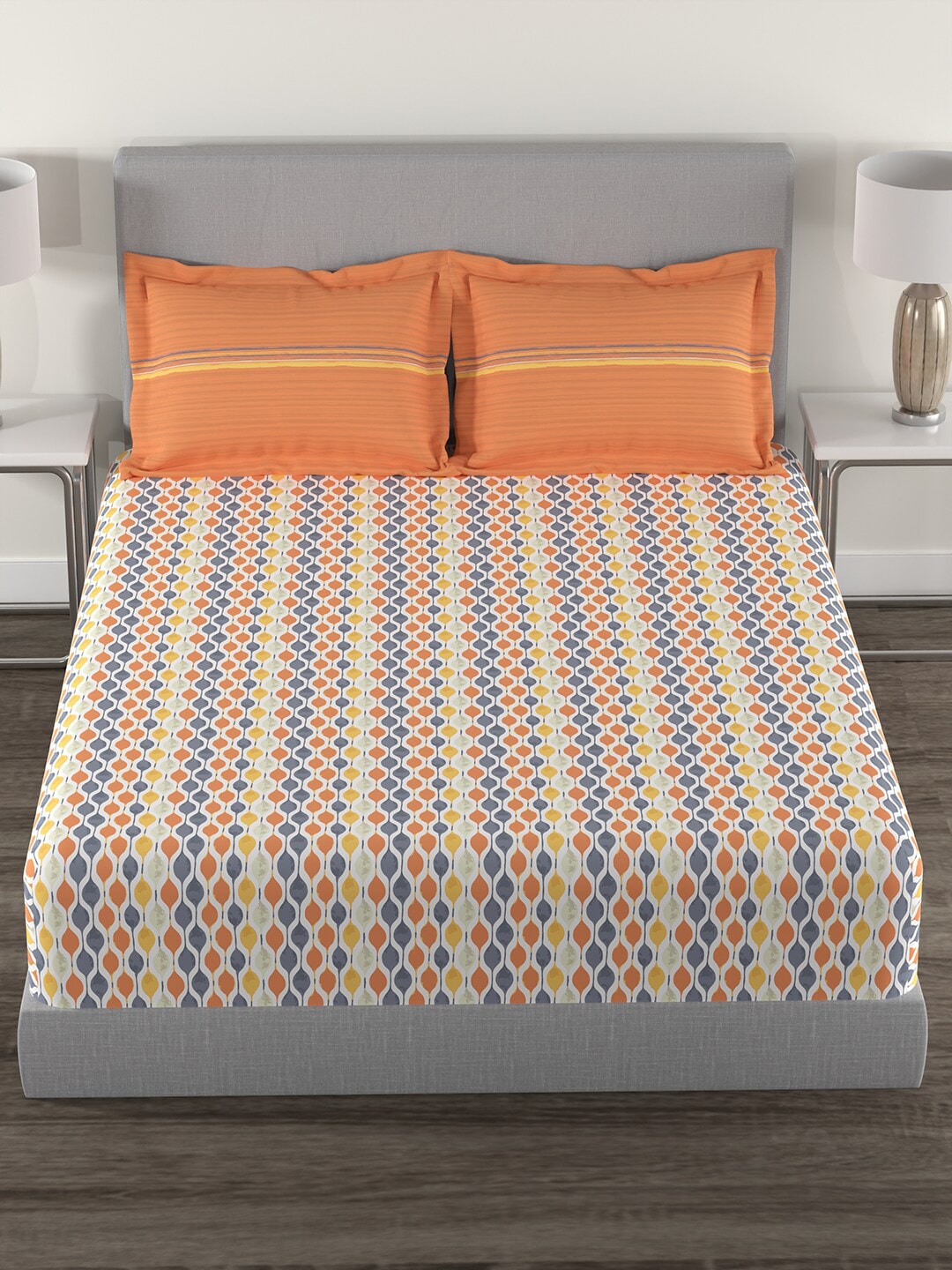 MYTRIDENT Orange White Geometric Cotton 144 TC Queen Bedsheet With 2 Pillow Covers 