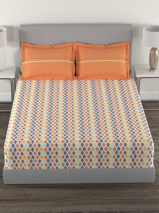 MYTRIDENT Orange White Geometric Cotton 144 TC Queen Bedsheet With 2 Pillow Covers 