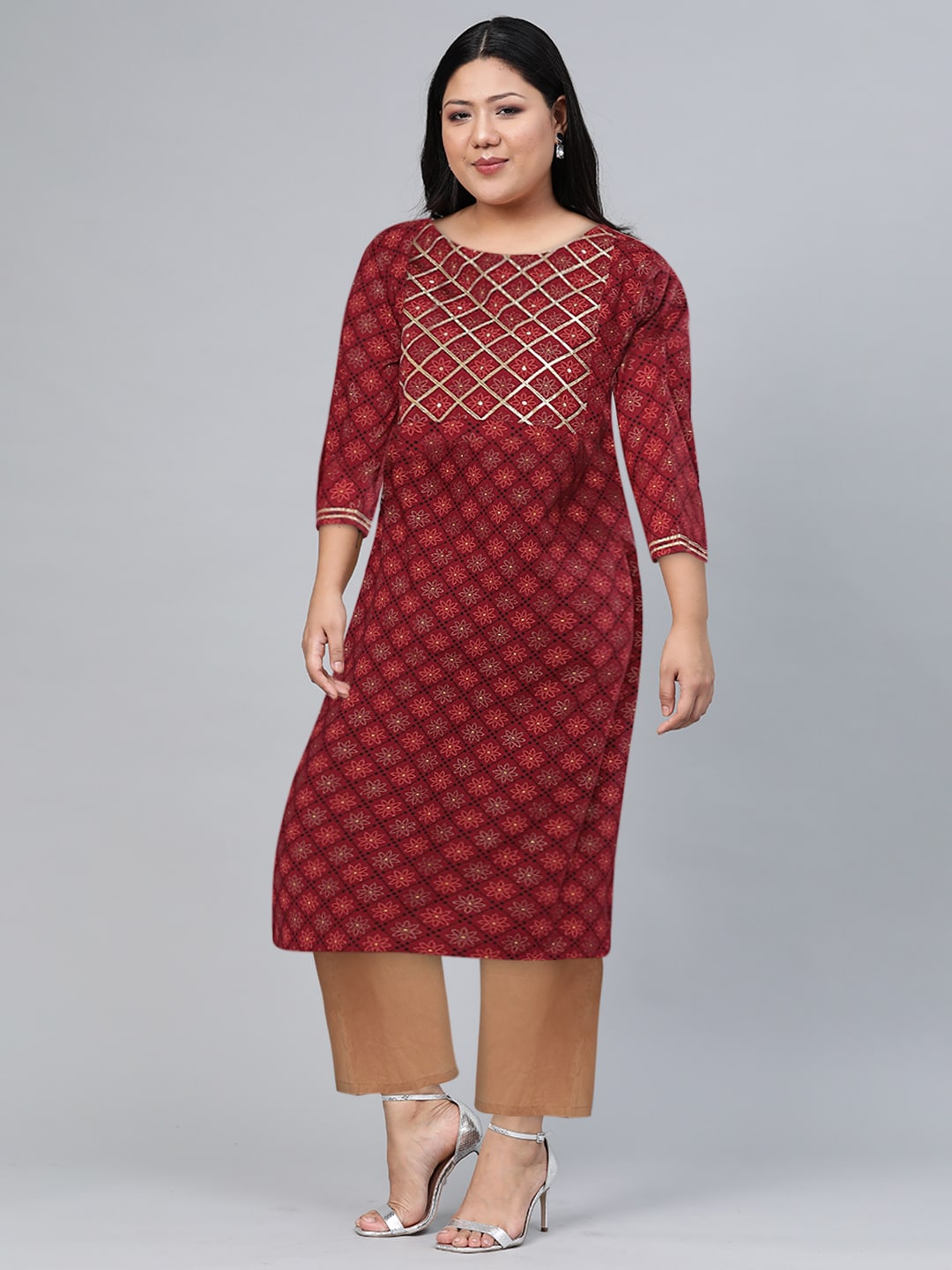HERE&NOW Women Maroon & Golden Floral Printed Straight Kurta