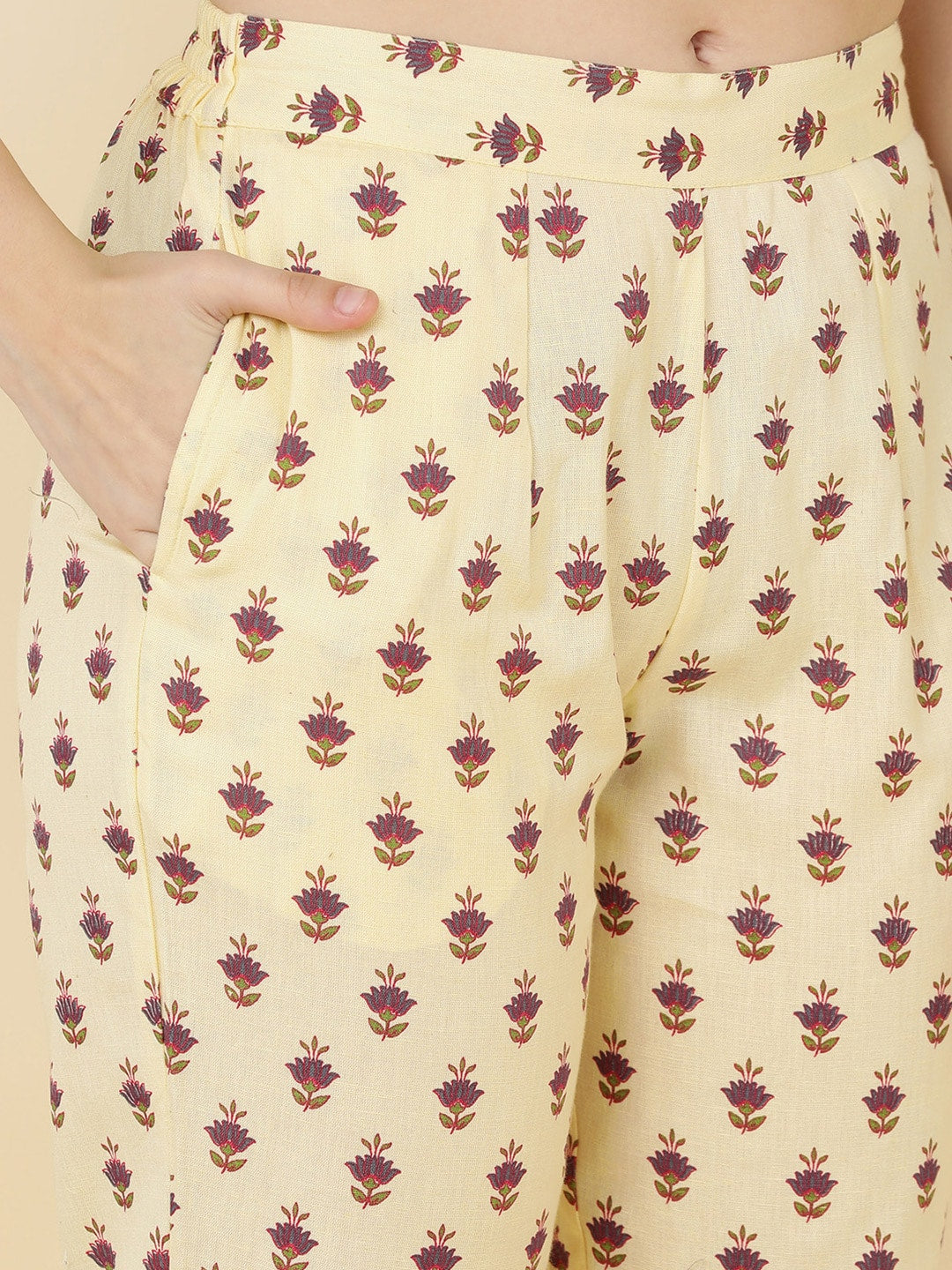 HERE&NOW Women Mustard Yellow Ethnic Motifs Printed Kurta with Trousers & With Dupatta
