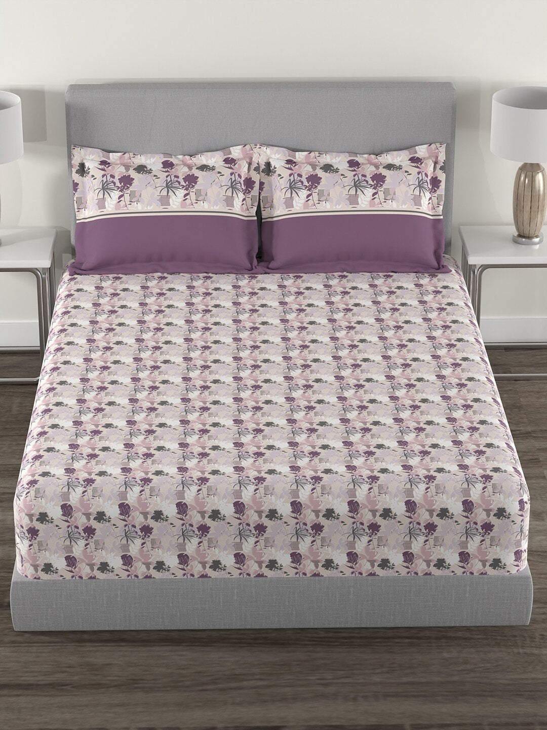 MYTRIDENT Mauve White Floral Cotton 144 TC Queen Bedsheet With 2 Pillow Covers 