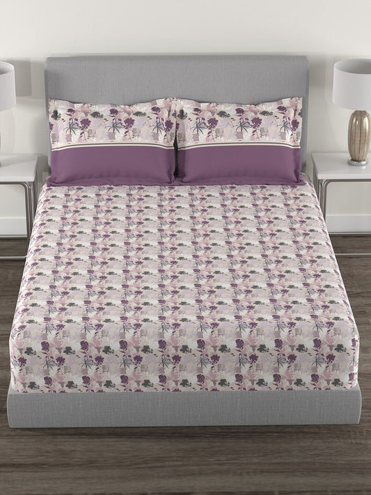 MYTRIDENT Mauve White Floral Cotton 144 TC Queen Bedsheet With 2 Pillow Covers 