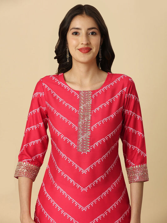HERE&NOW Red & White Bandhani Printed Thread Work Kurta