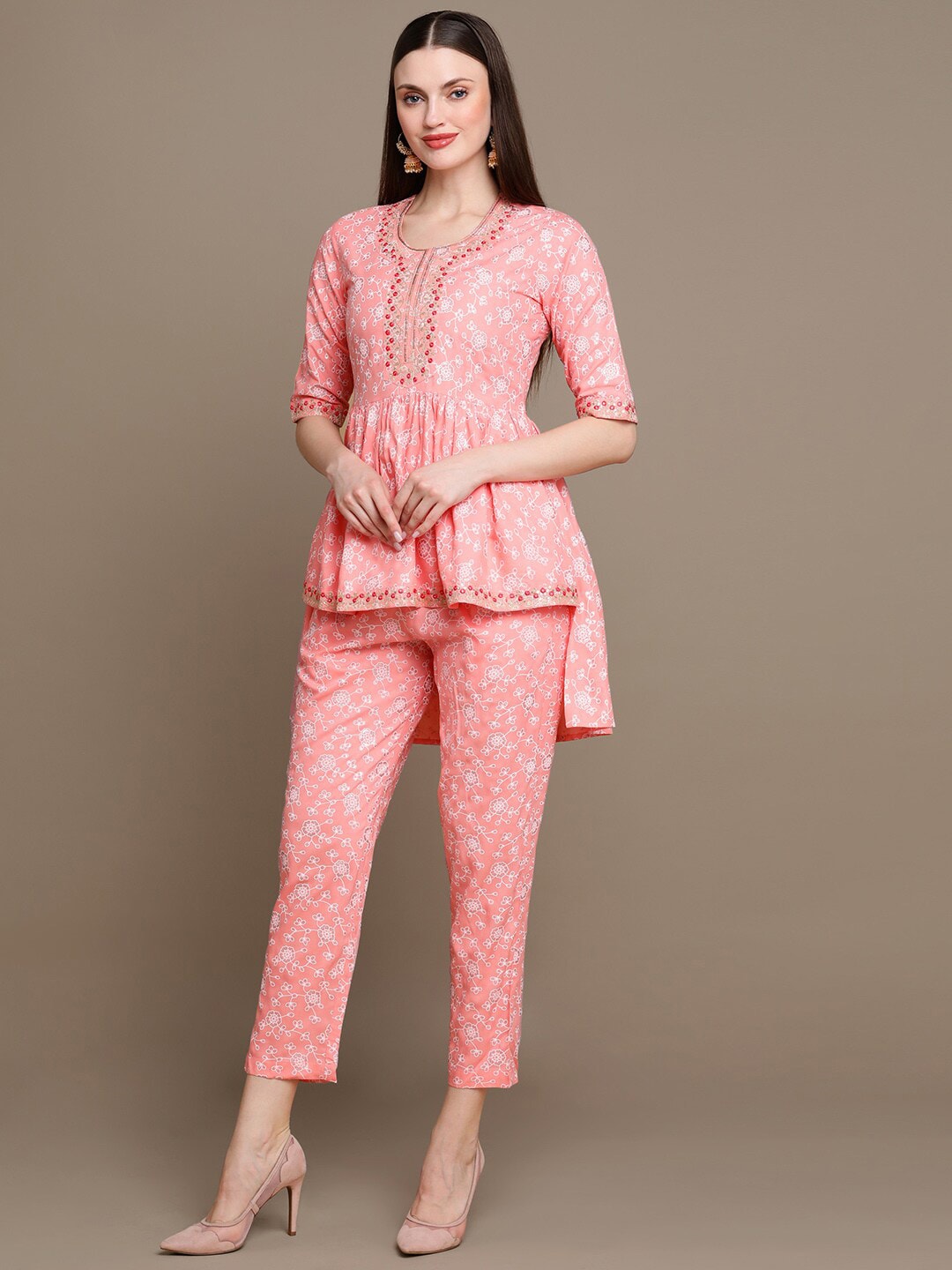 HERE&NOW Floral Printed Embroidered Sequinned High-Low Kurti with Trouserss