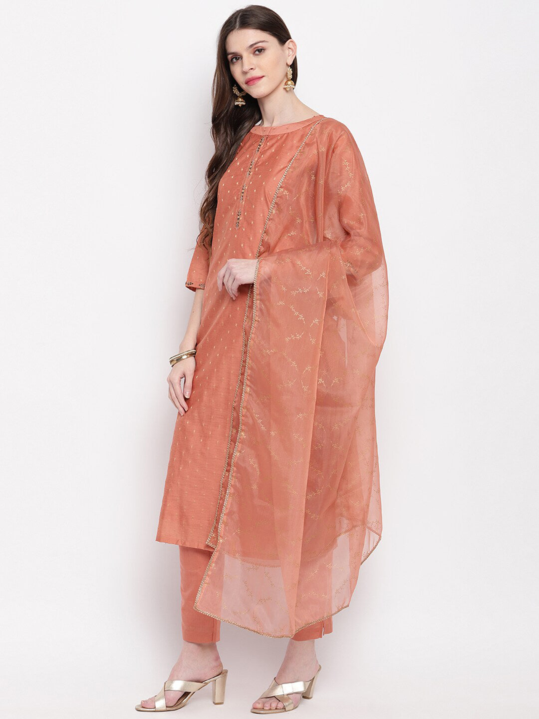 Janasya Women Peach-Coloured Self Design Kurta with Trousers & Dupatta