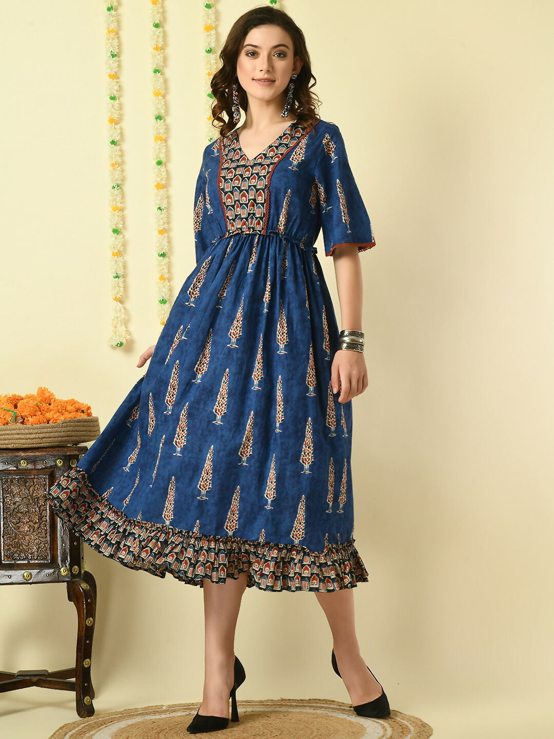 Myshka Women's Blue Printed Cotton Party Dress