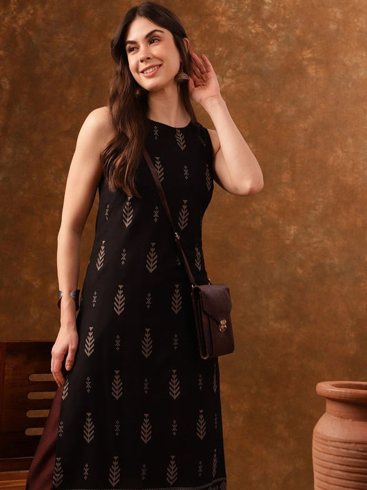 Anouk Black Ethnic Motifs Printed Sleeveless Straight Kurta | Grab2Buy