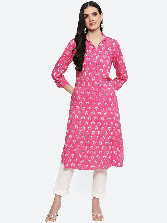 Biba Ethnic Motifs Printed Shirt Collar Kurta - Grab2buy