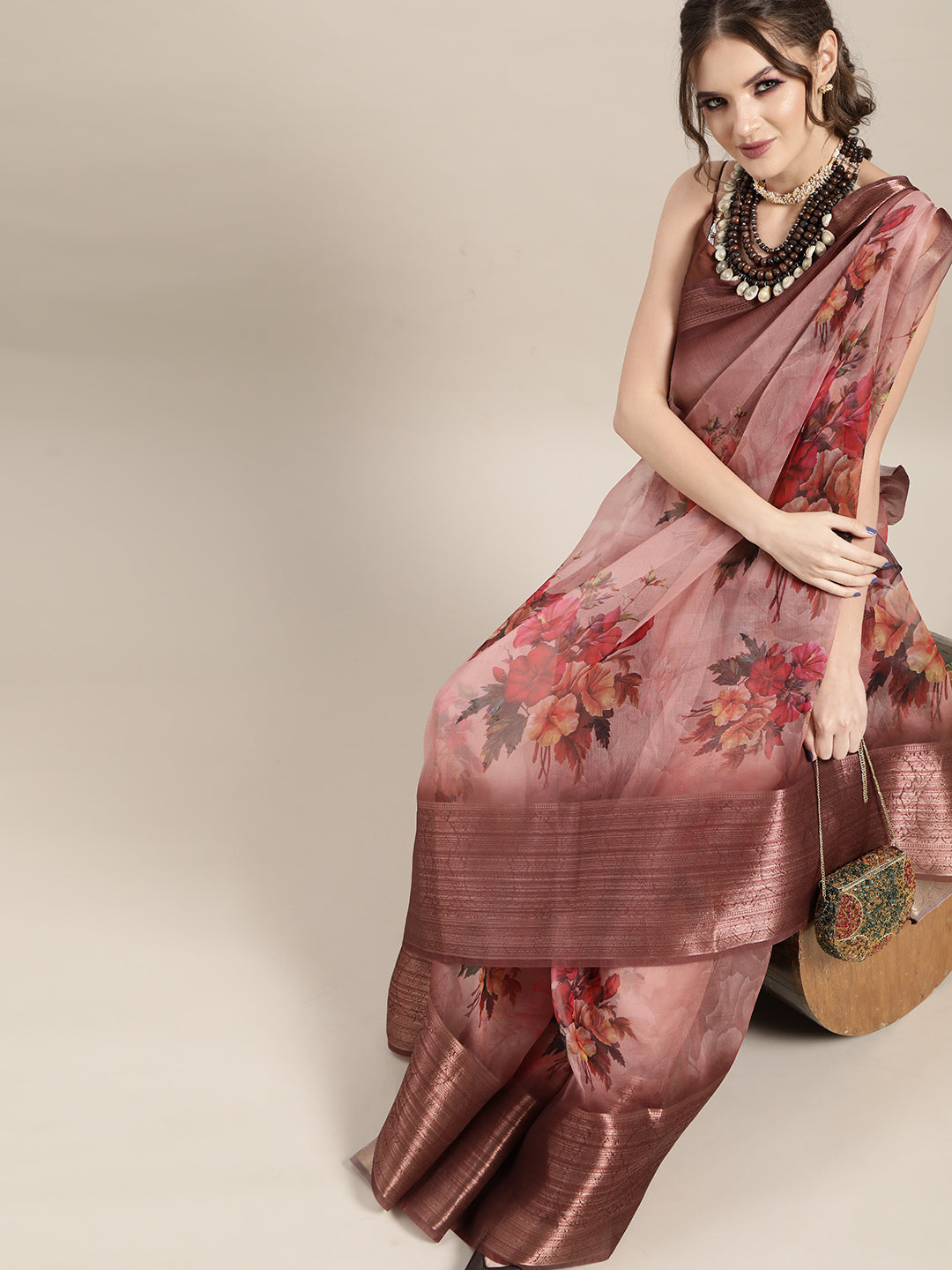 Saree Mall Mauve & Red Organza Block Print Saree