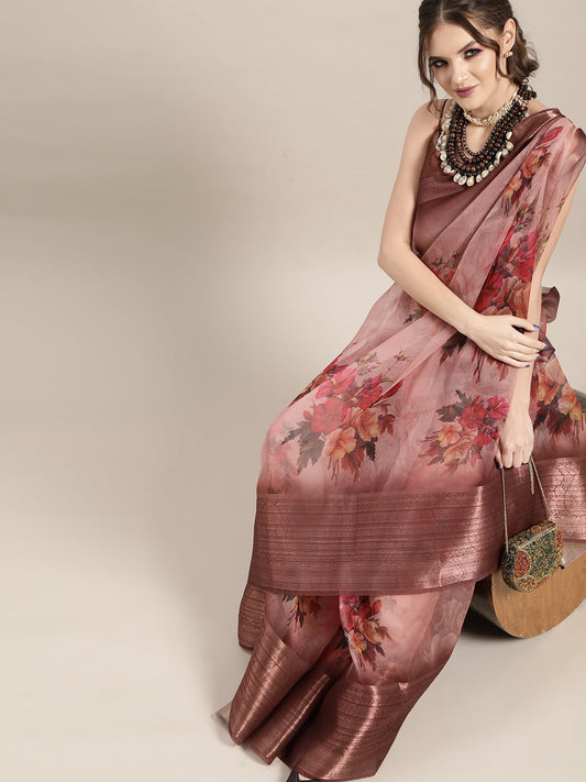 Saree Mall Mauve & Red Organza Block Print Saree